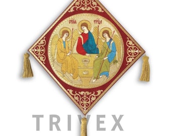 May include: A square, red religious icon with gold trim and tassels. The icon features three figures in robes, with halos, seated around a table. The text "Order Now!" is at the top, and "TRIYEX" is at the bottom.