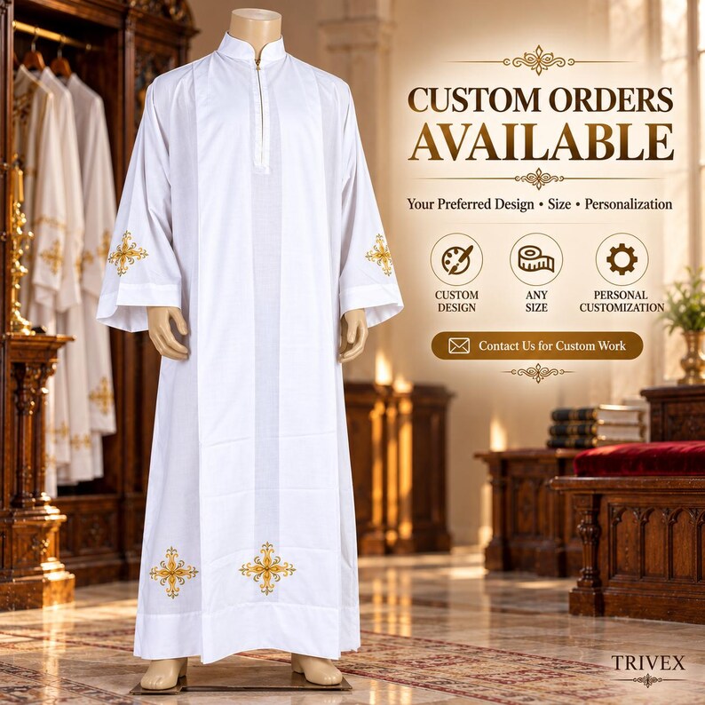 May include: A white liturgical alb featuring a stand-up collar with a gold zipper, long sleeves, and gold cross embroidery on the cuffs and hem. The image includes text stating CUSTOM ORDERS AVAILABLE, Your Preferred Design, Size, Personalization.