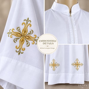 May include: A white liturgical alb featuring a high collar with a front zipper closure. The garment is decorated with gold and olive green embroidered cross motifs on the sleeves and lower hem. A circular label displays the text EMBROIDERED DETAILS.