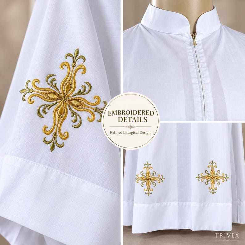 May include: A white liturgical alb featuring a high collar with a front zipper closure. The garment is decorated with gold and olive green embroidered cross motifs on the sleeves and lower hem. A circular label displays the text EMBROIDERED DETAILS.