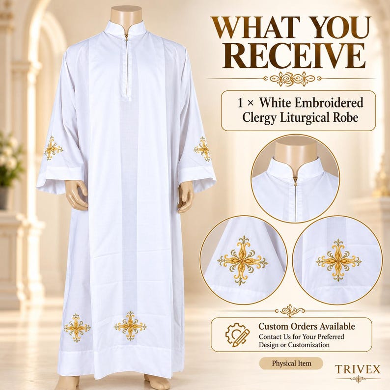 May include: A white clergy liturgical robe featuring a high collar with a front zipper closure. The garment includes gold and yellow embroidered cross designs on the sleeves and lower front panels. Text reads WHAT YOU RECEIVE and 1 x White Embroidered Clergy Liturgical Robe.