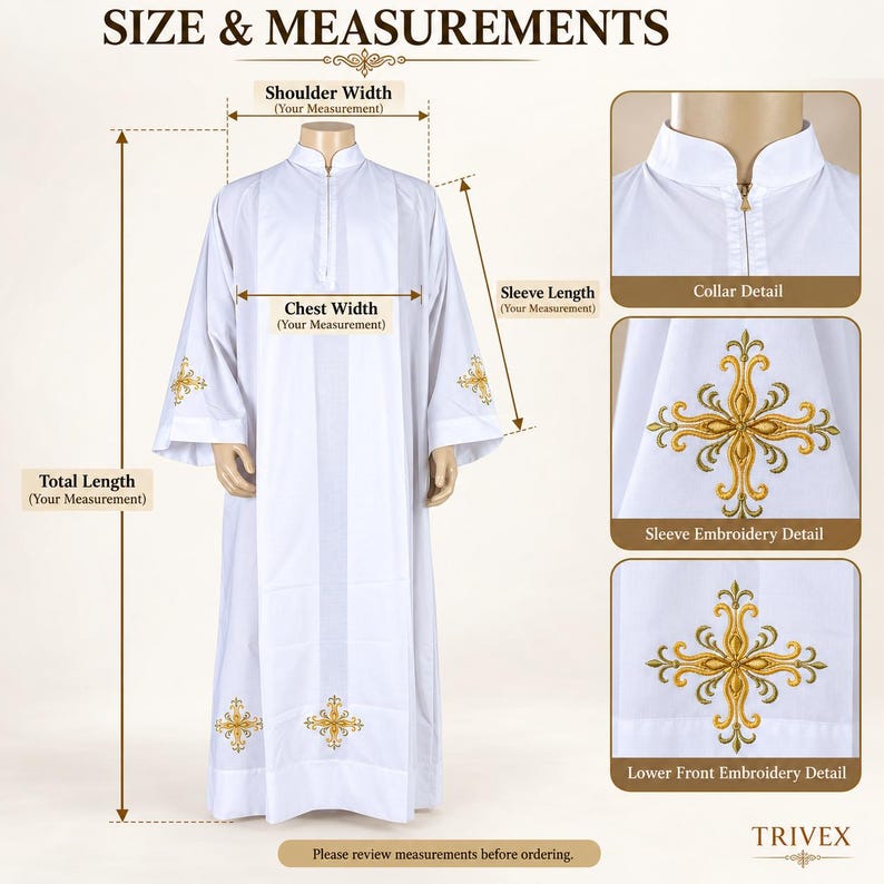 May include: A white liturgical alb featuring a mandarin collar with a front zipper, long sleeves, and gold embroidered cross motifs on the sleeves and lower front. The image includes text labels for shoulder width, chest width, and total length.