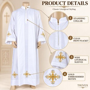 May include: A white liturgical alb featuring a standing collar, a front zipper placket, and wide sleeves. Gold embroidered cross motifs are visible on the sleeves and lower hem. Text includes PRODUCT DETAILS, Classic Liturgical Styling, and TRIVEX.