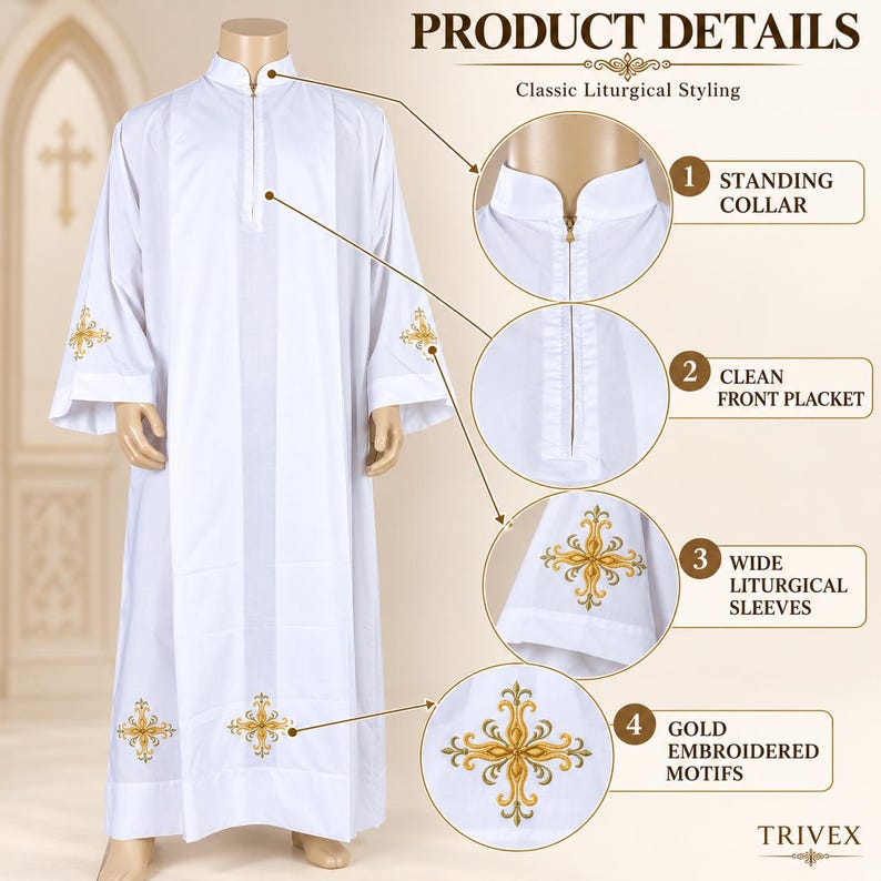 May include: A white liturgical alb featuring a standing collar, a front zipper placket, and wide sleeves. Gold embroidered cross motifs are visible on the sleeves and lower hem. Text includes PRODUCT DETAILS, Classic Liturgical Styling, and TRIVEX.