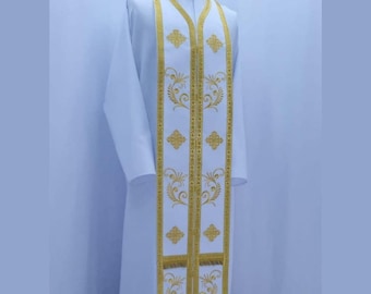 Estola ortodoxa, vestimenta sacerdotal bordada em ouro branco | Epitraquelion