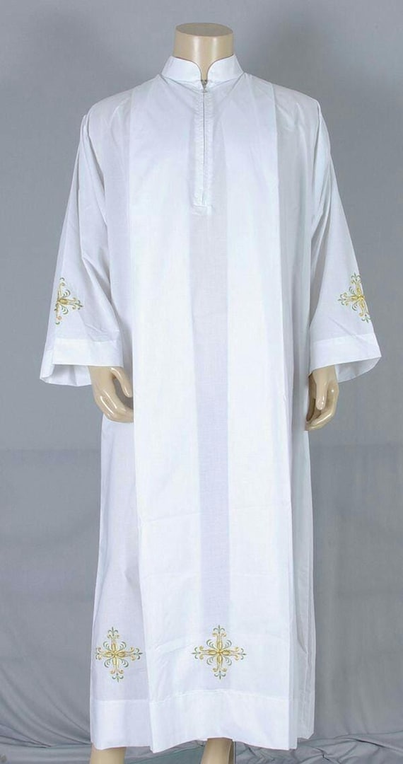 Priest Robe with White Collar and Cross Embroidery, Made-to-Order Clergy Cassock