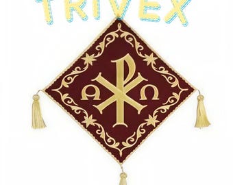 May include: A burgundy religious banner with gold embroidered Chi Rho symbol and decorative trim. The banner has three gold tassels and the text "TRIVEX" above. The words "Order Now!" are also visible.