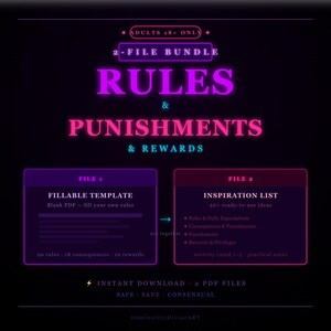 May include: Digital download graphic with neon text: "RULES & PUNISHMENTS & REWARDS." Includes two files: a fillable template and an inspiration list with ideas. The graphic is on a black background and states "ADULTS 18+ ONLY."