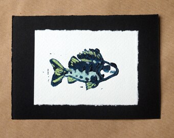 Linoldruck Fisch Bild Aquarell metallic Kunst Dekoration