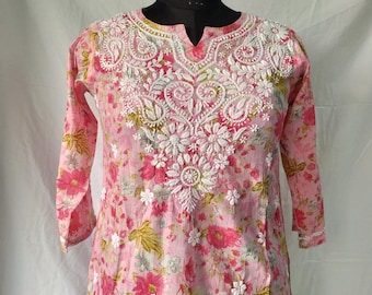 Top corto rosa ricamato Chikankari, camicetta floreale in cotone Lucknowi da donna