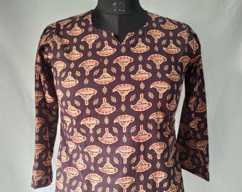 Brown Floral Kurti , Handblocked Printed , Indian Short Cotton, Kurti For Women