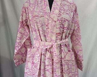 Rosa Handgemachte Blumen, Handblock Gedruckt Robe, Reine Baumwolle Kimono, Boho Loungewear Frauen