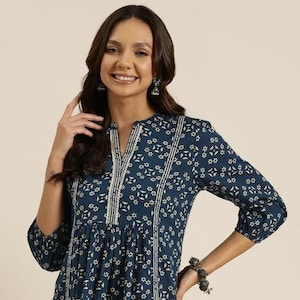 Floral Print Cotton Kurti: Navy Blue Indian Top
