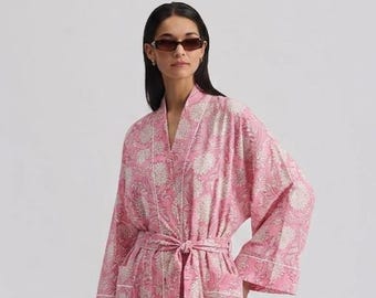 Handgemachter Kimono Robe, Handblock Blumendruck, Pink Damen Indischer Bademantel, Boho Loungewear