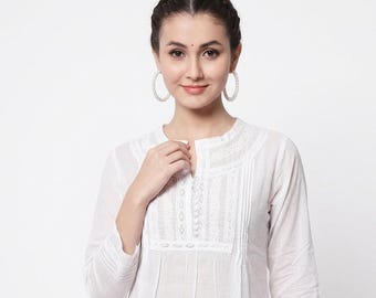 Chikankari broderad kurti, vit bomull blommig indisk kort etnisk klädsel för kvinnor