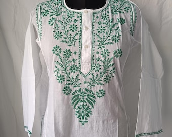 Bomull Chikankari, Vit Lucknowi Broderad, Handgjord Kurti, För Kvinnor