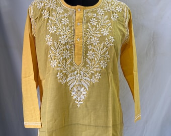 Cotton Yellow, Chikankari Embroidered Kurti, Floral Printed, Ethnic Wear for Women