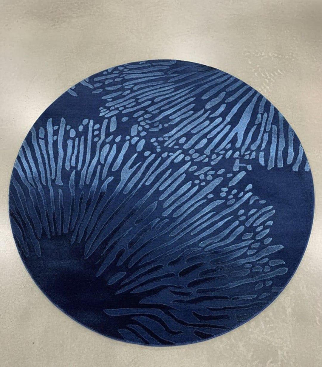 Round Navy Blue Area Rug – Modern Textured Abstract Wool Carpet, Hand ...
