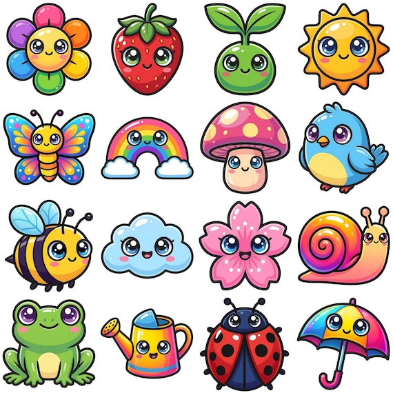 16 Colorful Kawaii Spring Clipart PNG Bundle, Digital Download