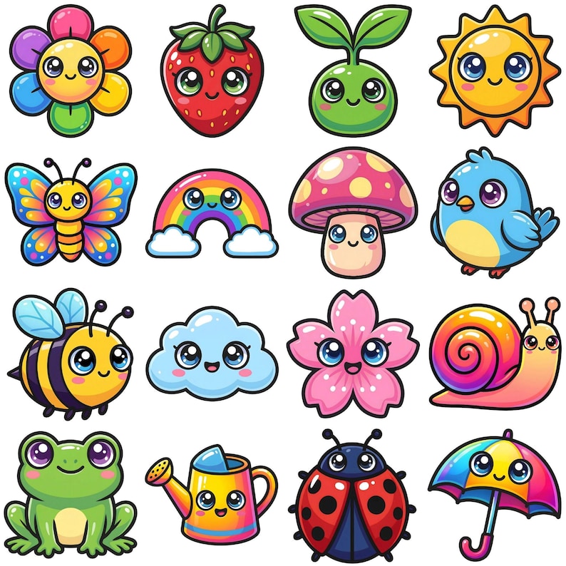 Bold kawaii spring PNG clipart set with flower, strawberry, sun, butterfly, rainbow, animals, and colorful garden elements.