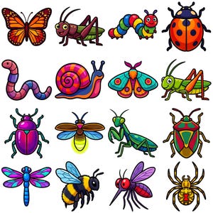 May include: A collection of colorful cartoon illustrations of various insects. The image includes a butterfly, grasshopper, caterpillar, ladybug, worm, snail, moth, beetle, firefly, praying mantis, dragonfly, bee, mosquito, and spider.
