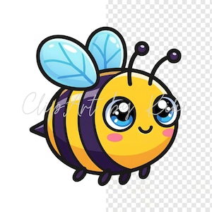 Kawaii yellow and black bee PNG clipart with blue wings