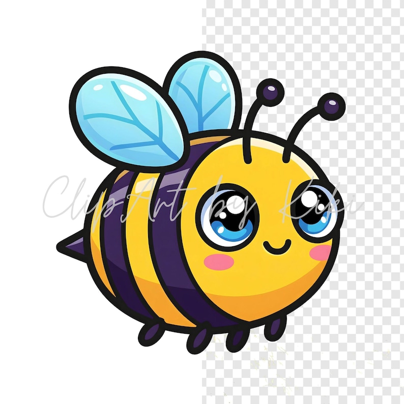 Kawaii yellow and black bee PNG clipart with blue wings