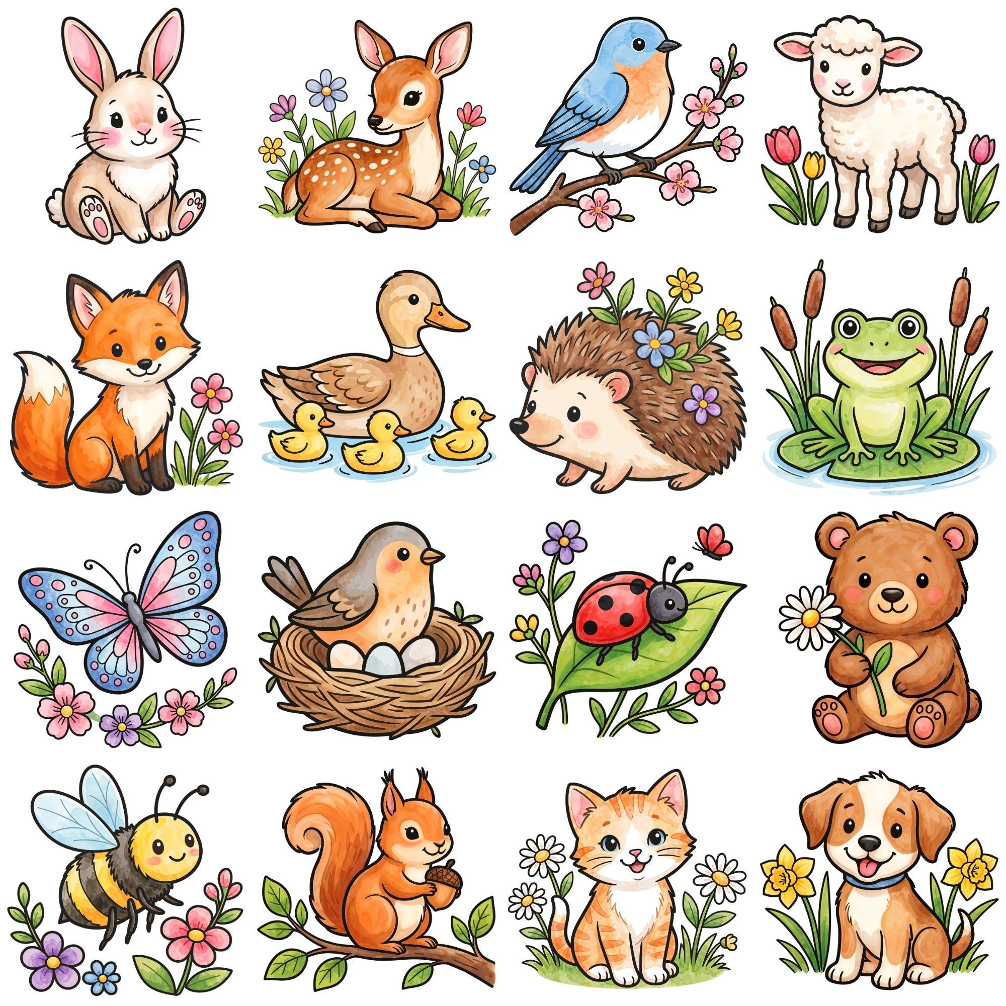 16 Spring Animals Watercolor Clipart PNG Bundle, Printable Stickers ...