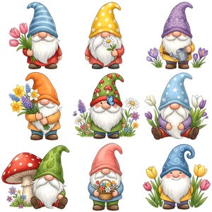 Gnomes with Spring Flowers, Watercolor Clipart PNG Bundle, Printable Stickers, Digital Download