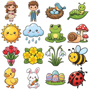 16 Kawaii Spring Animals and Flowers Clipart PNG Bundle, Digital Download