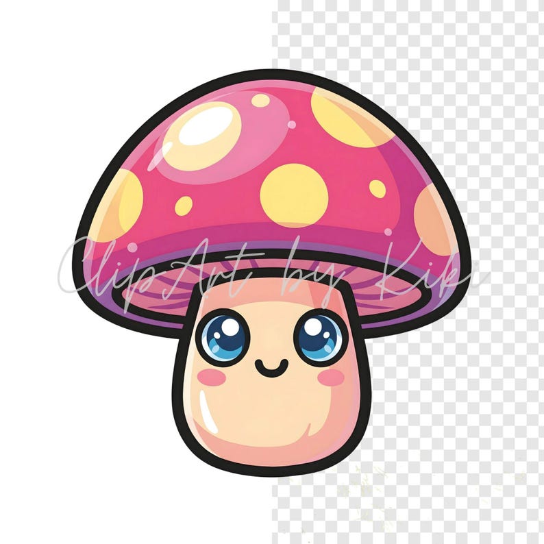 Kawaii pink mushroom PNG clipart with yellow spots and beige stem