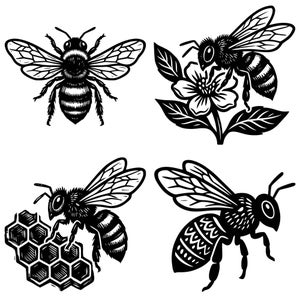 May include: A collection of four black and white illustrations featuring bees. One bee is shown from above, another rests on a flower, a third is perched on a honeycomb structure, and the fourth is depicted in a side profile with patterned markings.