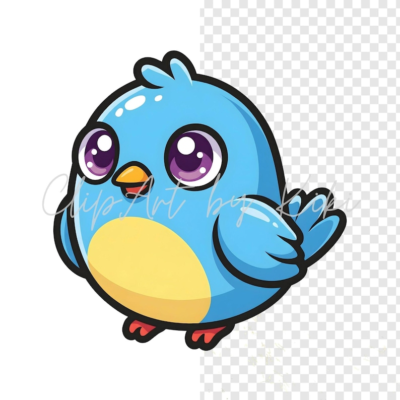 Kawaii blue bird PNG clipart with yellow belly and small orange beak
