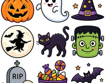 Op de afbeelding: Een verzameling van negen Halloween-illustraties met een oranje pompoen, een wit spook, een paarse heksenhoed, een silhouet van een heks op een bezemsteel, een zwarte kat, een groen monstergezicht, een grafsteen met RIP, snoep en een vleermuis.