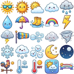 May include: A set of cartoon weather icons, featuring a smiling sun, rain cloud, rainbow, and lightning bolt. Other icons include a thermometer, windsock, and a rooster weather vane. Also includes a moon and stars.