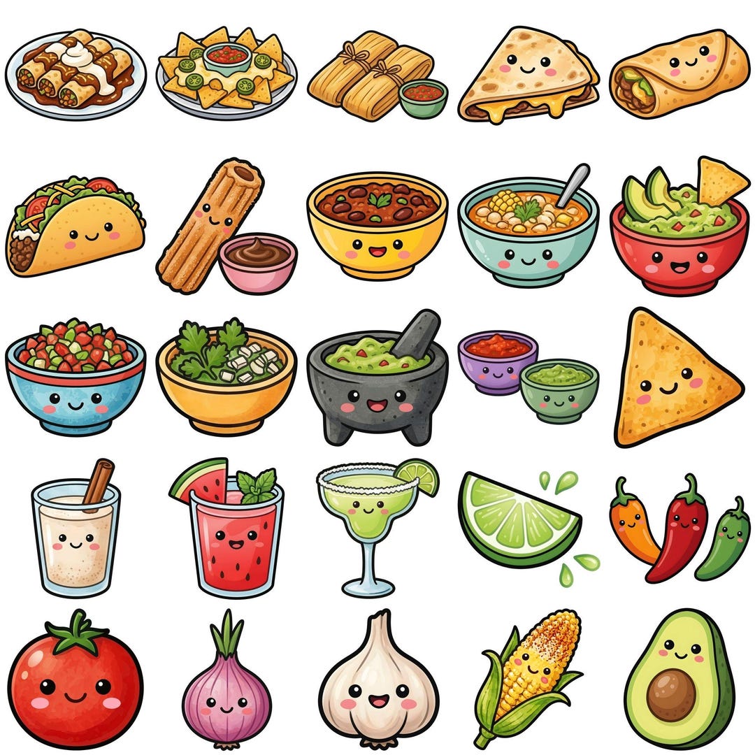 Mexican Food Clipart PNG Bundle, Kawaii Style, Printable Stickers ...