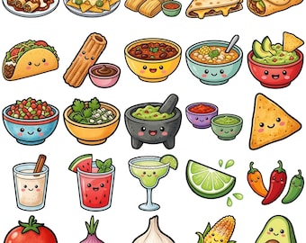 Mexican Food Clipart PNG Bundle, Kawaii  Style, Printable Stickers, Digital Download