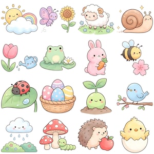 May include: A set of adorable cartoon illustrations with spring and Easter motifs. Depicted are a smiling sun, rainbow, butterfly, sunflower, sheep, snail, tulip, watering can, frog, bunny, bee, ladybug, Easter eggs, sprout, bird, cloud, mushroom, caterpillar, hedgehog, and chick.