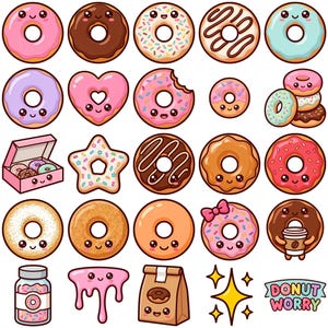 Op de afbeelding: Een verzameling cartoon donuts in verschillende kleuren en stijlen, waaronder roze, chocolade en geglazuurd. Sommige donuts hebben hagelslag en sommige hebben schattige gezichten. Er is een doos met donuts, een pot met hagelslag en een zak met donuts. De zin "Donut Worry" is ook aanwezig.