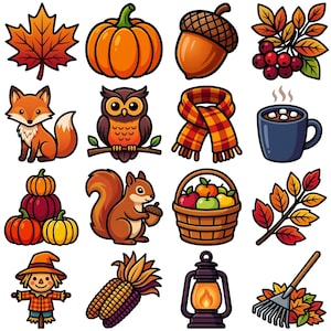 May include: A set of vibrant autumn-themed illustrations. Features a maple leaf, pumpkin, acorn, fox, owl, scarf, hot cocoa, pumpkins, squirrel, basket of apples, fall leaves, scarecrow, corn, lantern, and rake.