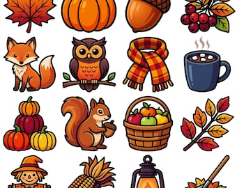 Fall Clipart PNG Bundle, Bold Modern Graphic Style, Printable Stickers, Digital Download