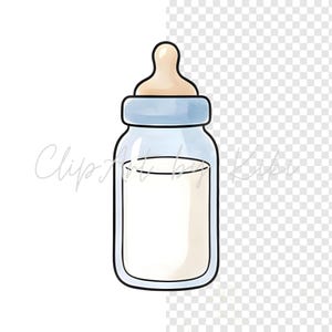 Puede incluir: Ilustraci&oacute;n de un biber&oacute;n con tapa azul claro y tetina beige. La botella est&aacute; llena de l&iacute;quido blanco, probablemente leche o f&oacute;rmula. La imagen tiene un fondo transparente y el texto "Clip Art by Kiki" es visible.