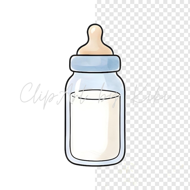 Puede incluir: Ilustraci&oacute;n de un biber&oacute;n con tapa azul claro y tetina beige. La botella est&aacute; llena de l&iacute;quido blanco, probablemente leche o f&oacute;rmula. La imagen tiene un fondo transparente y el texto "Clip Art by Kiki" es visible.