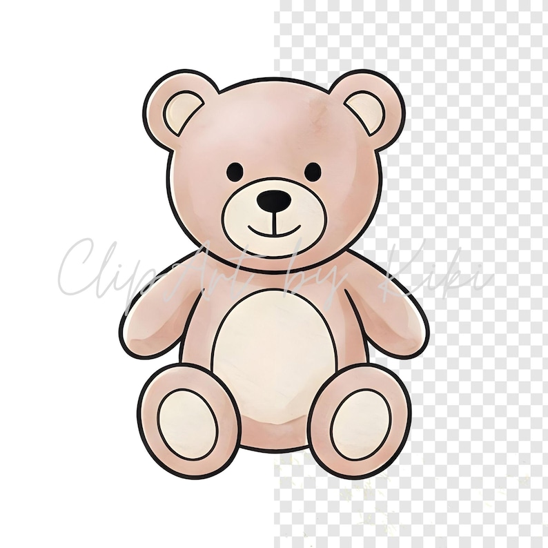 Puede incluir: Ilustraci&oacute;n de estilo acuarela de un oso de peluche. El oso es de color rosa claro con una barriga color crema y ojos y nariz negros. El oso tiene una expresi&oacute;n amigable y est&aacute; delineado en negro.