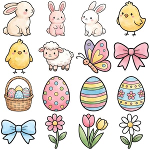 May include: A set of watercolour illustrations with Easter themes. The image includes bunnies, chicks, a lamb, a butterfly, bows, Easter eggs, a basket of eggs, and various flowers. The colour scheme is soft and pastel.