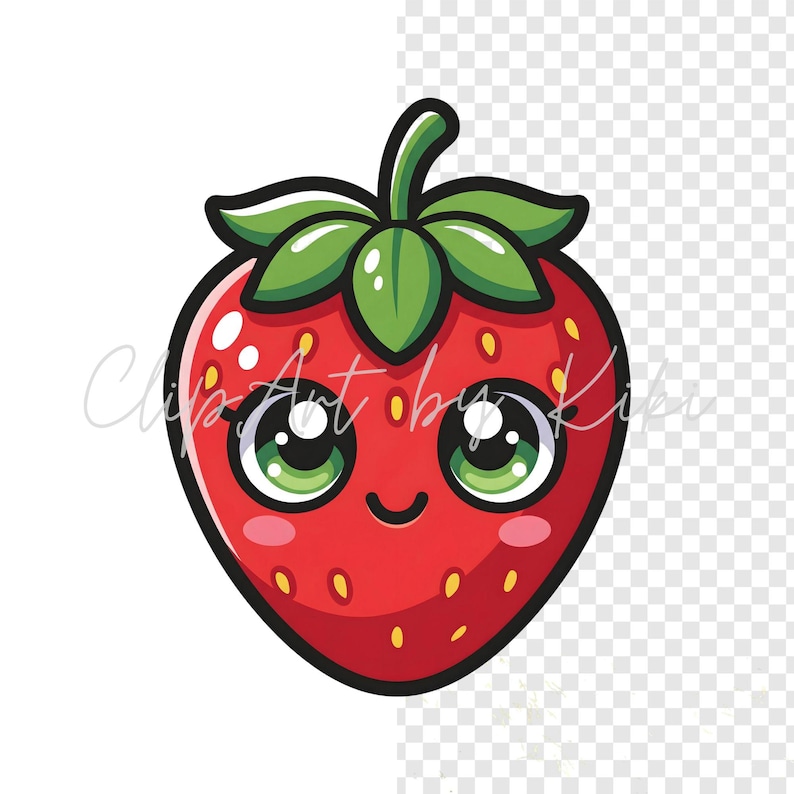 Kawaii red strawberry PNG clipart with green leaves and glossy eyes