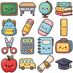 Puede incluir: Colección de útiles escolares de estilo caricatura, que incluye una pizarra, un escritorio, un globo terráqueo, libros, una mochila, un lápiz, una goma de borrar, una regla, unas tijeras, una calculadora, un cuaderno, una fiambrera, una manzana, un autobús escolar, un diploma y un birrete.