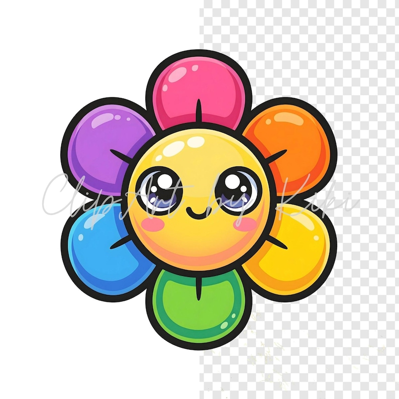 Kawaii smiling rainbow flower PNG clipart with multicolored petals and yellow face