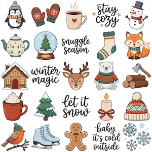 May include: A collection of winter-themed illustrations, including a penguin, mittens, a mug of coffee, a snowman, a fox, a snow globe, a house, a deer, a polar bear, an axe, logs, a mug of hot chocolate, a Christmas tree, a bird, ice skates, a gingerbread man, a candle, a hat, and snowflakes. Text includes "Stay Cozy", "Snuggle Season", "Winter Magic", "Let it Snow", and "Baby it's cold outside".