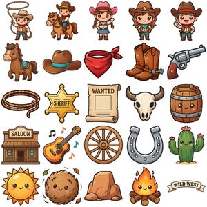 25 Kawaii Wild West Cowboy Clipart PNG Bundle, Digital Download